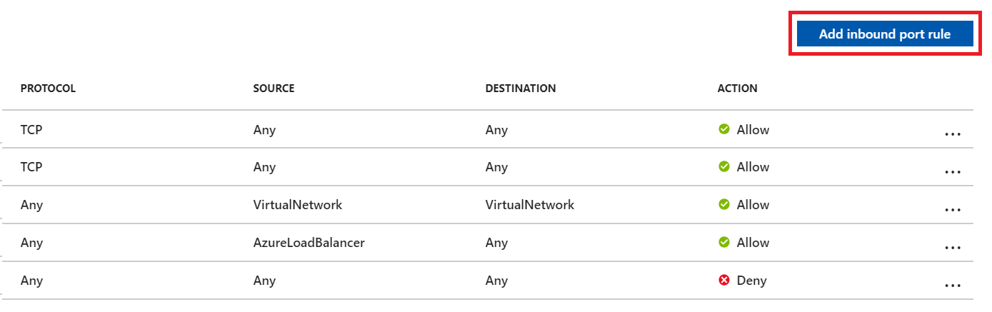 Captura de pantalla del botón Agregar regla de puerto de entrada en la página de interfaz de red de máquina virtual de SQL Azure