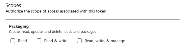 Captura de pantalla de los ámbitos de empaquetado disponibles solo en el modal Crear un nuevo token de acceso personal del usuario.