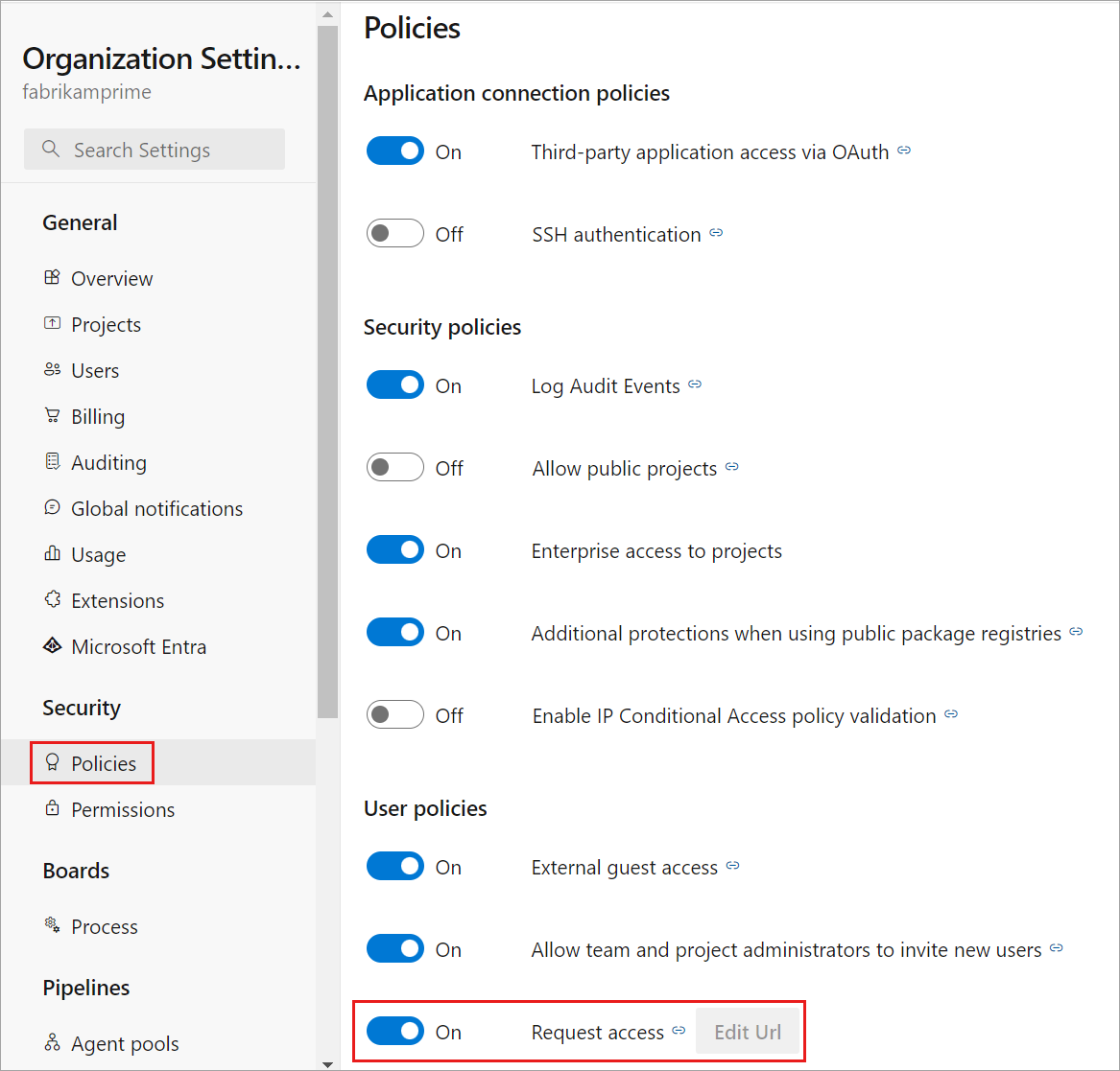 Captura de pantalla que muestra Deshabilitar la directiva de solicitud de acceso en Configuración de organización.