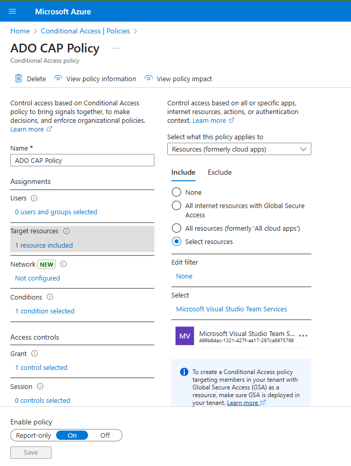 Centro de administración de Microsoft Entra, que muestra cómo agregar Azure DevOps como recurso de destino en una nueva directiva de acceso condicional.