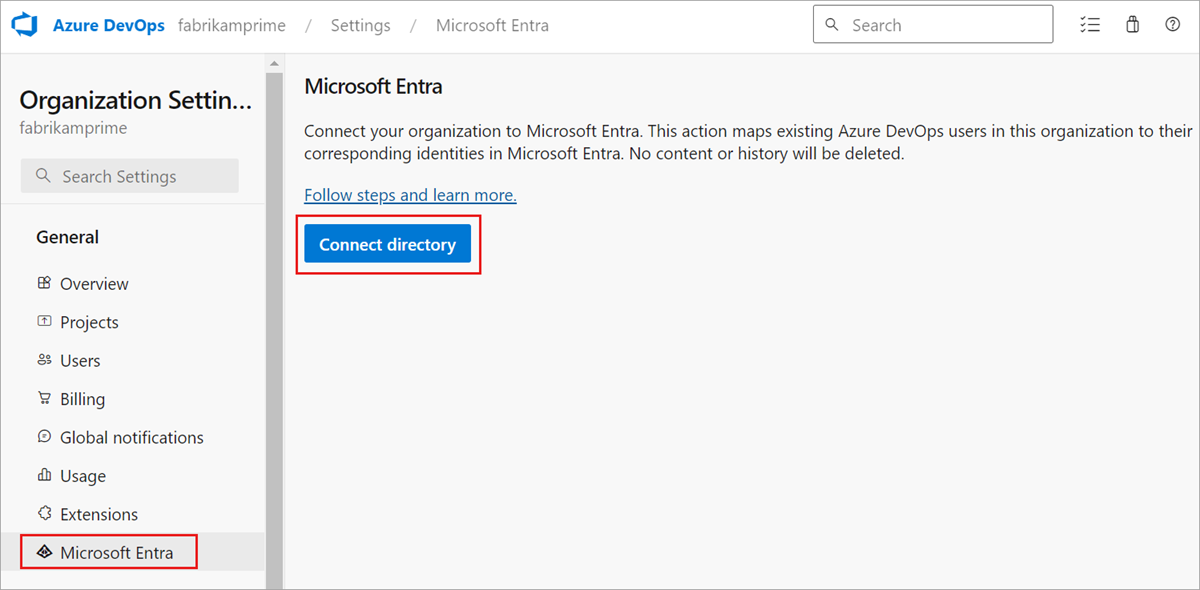 Screenshot muestra el botón Conectar directorio para conectar la organización a Microsoft Entra ID.