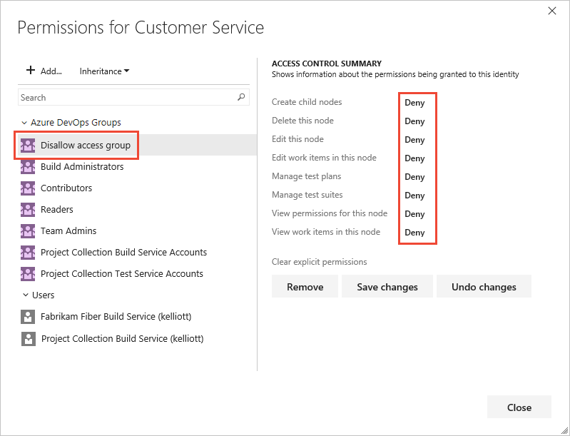Captura de pantalla del nodo de la ruta de acceso al área, Seguridad, grupo seleccionado y configuración de los permisos Denegar, Azure DevOps Server 2022 y versiones anteriores. 