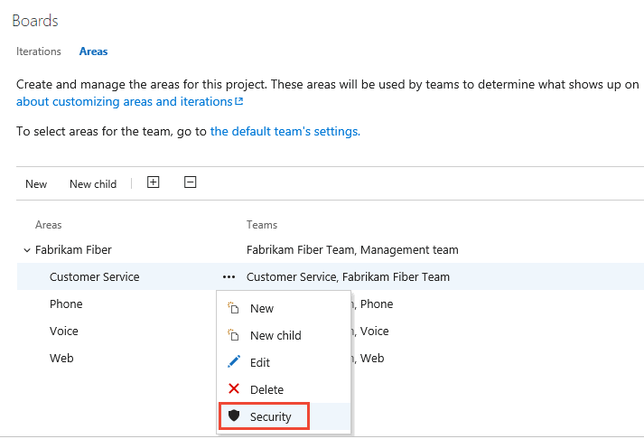 Captura de pantalla del menú contextual de la ruta de acceso al área, opción Seguridad seleccionada, Azure DevOps Server 2020.