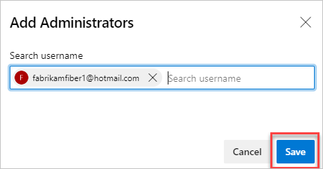 Captura de pantalla del cuadro de diálogo Agregar administrador de equipo en la página actual para Azure DevOps Server 2019 y versiones posteriores.
