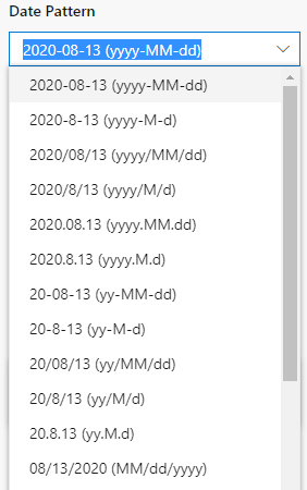 Captura de pantalla que muestra las opciones desplegables de patrón de fecha en el panel Configuración de hora y región.