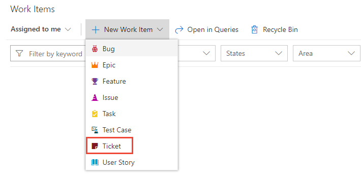 Captura de pantalla que muestra Elementos de trabajo con Nuevo elemento de trabajo seleccionado y el elemento personalizado Ticket resaltado.