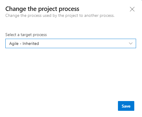 Captura de pantalla que muestra el cuadro de diálogo Cambiar el proceso del proyecto con Agile Inherited seleccionado.