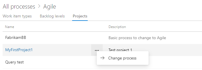 Captura de pantalla que muestra el proyecto creado con la opción Cambiar proceso.