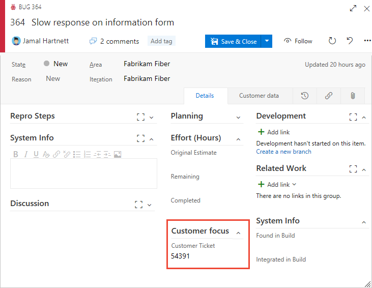 Captura de pantalla que muestra el formulario de Bug con el campo Customer Ticket agregado al grupo Customer focus.
