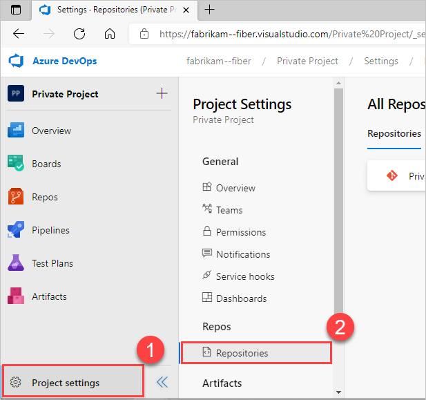 Captura de pantalla de la configuración del proyecto de Azure DevOps con repositorios seleccionados en la sección Repositorios.