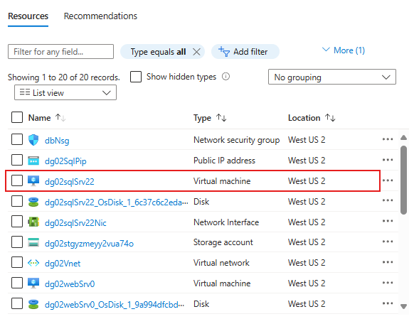 Captura de pantalla que muestra los recursos recién creados en Azure.