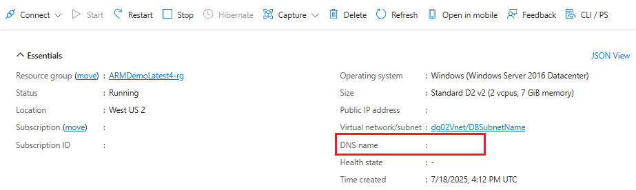 Captura de pantalla que muestra una máquina virtual del servidor de bases de datos en Azure.