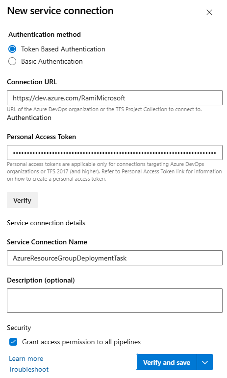Captura de pantalla que muestra cómo configurar una nueva conexión de servicio para una tarea de implementación.