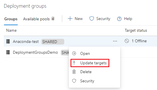 Captura de pantalla que muestra cómo actualizar destinos en grupos de implementación.
