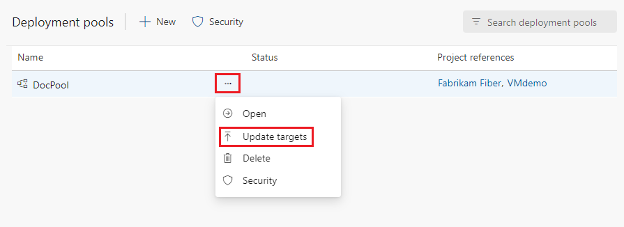 Captura de pantalla que muestra cómo actualizar destinos en grupos de implementación.
