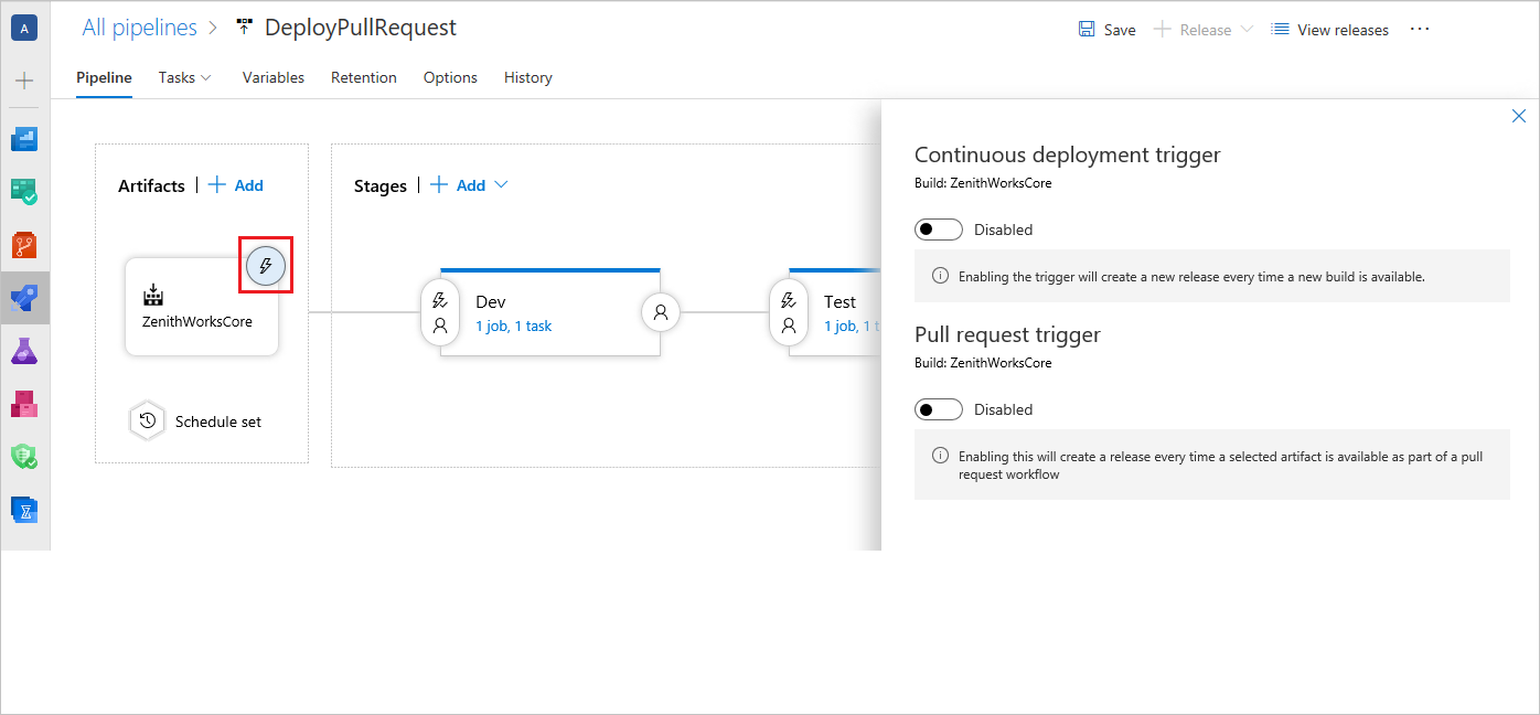 Captura de pantalla que muestra cómo acceder a la configuración del desencadenador de implementación continua en canalizaciones de versión clásica.