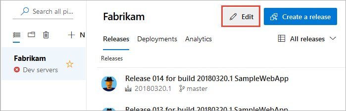 Captura de pantalla que muestra el botón editar para las canalizaciones de versión.