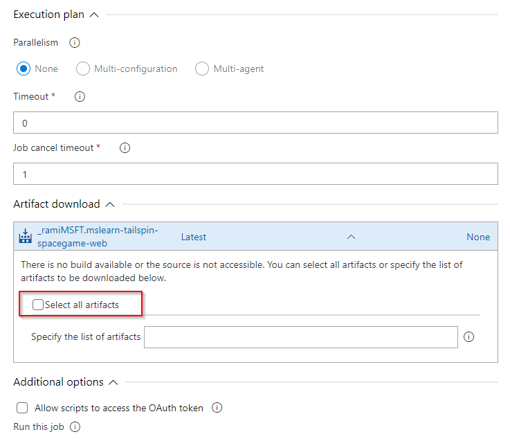 Captura de pantalla que muestra cómo omitir la descarga automática de artefactos en un pipeline clásico de versiones en Azure DevOps Services.