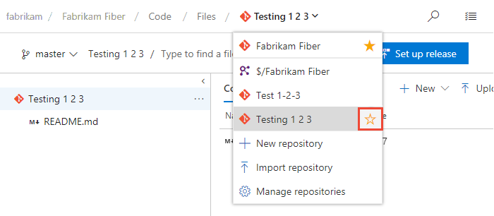 Captura de pantalla que muestra la página Código, el selector de repositorios, elegir el icono favoritos.