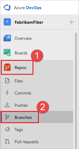 Captura de pantalla que muestra cómo navegar a las ramas en Azure Repos.