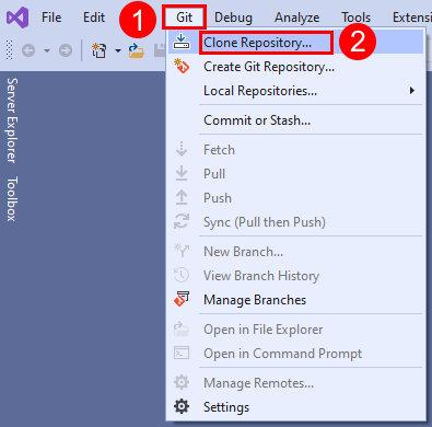 Captura de pantalla de la opción Clonar repositorio en el menú Git de Visual&nbsp;Studio