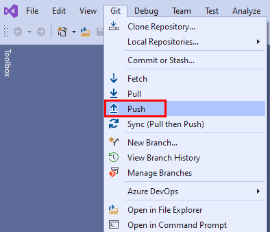 Captura de pantalla de la opción Insertar del menú Git en Visual Studio.