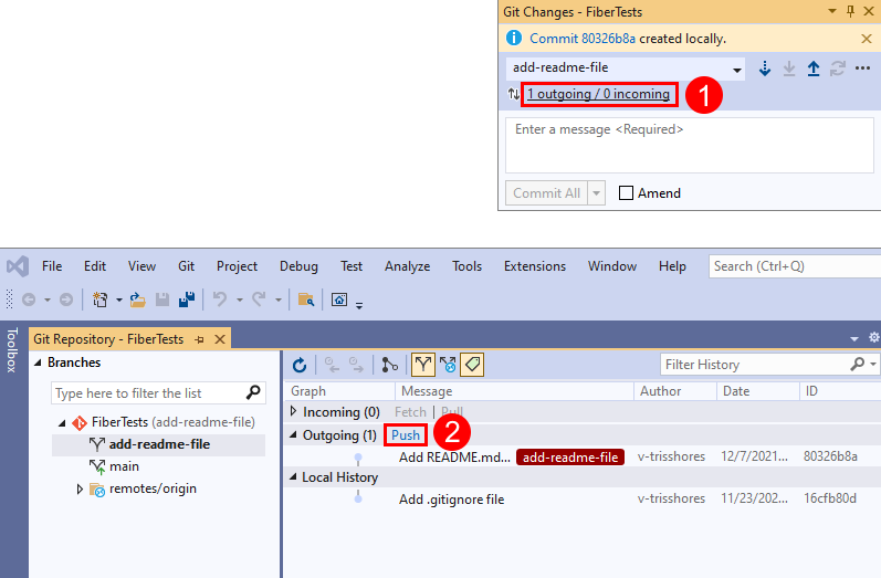 Captura de pantalla del vínculo 'saliente / entrante' en la ventana 'Cambios de Git' y del vínculo 'Enviar cambios' en la ventana 'Repositorio Git' de Visual Studio.