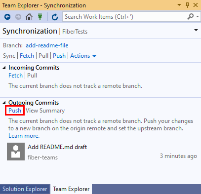 Captura de pantalla del enlace Push en la vista Sincronización de Team Explorer en Visual Studio 2019