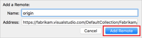 Captura de pantalla que muestra cómo agregar un remoto al repositorio git local del proyecto de Xcode para conectarse a Azure DevOps Services.
