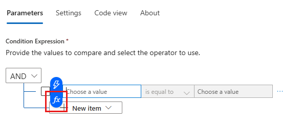 Captura de pantalla que muestra el diseñador de flujo de trabajo con la acción Condición con el nombre cambiado y el editor de expresiones abiertos.