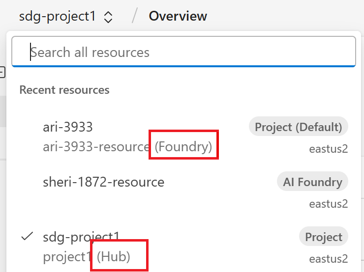 Recorte de pantalla que muestra un proyecto basado en Foundry y hub en la navegación de la ruta de navegación.