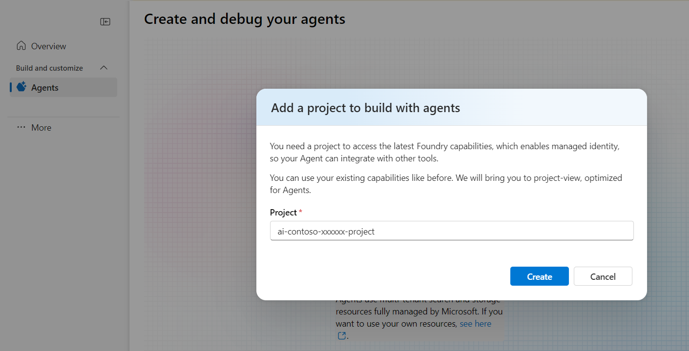 Captura de pantalla de la pestaña Agentes que indica crear un nuevo proyecto de Foundry.