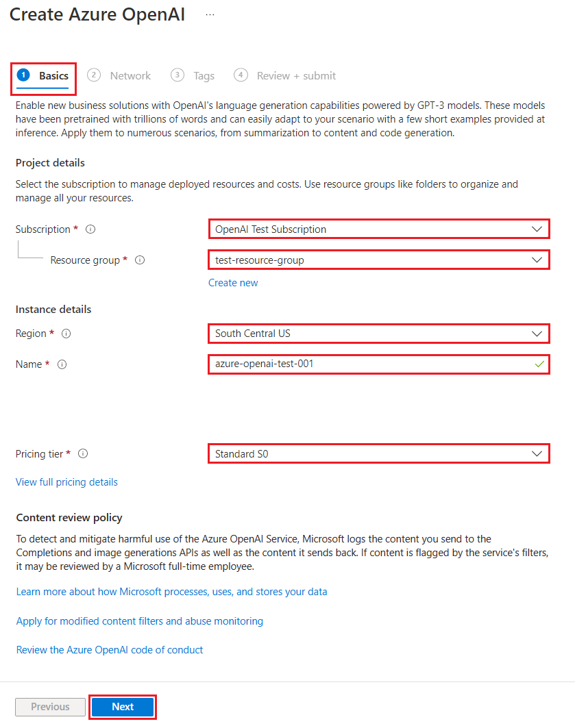 Captura de pantalla que muestra cómo configurar un recurso OpenAI de Azure en el portal de Azure.