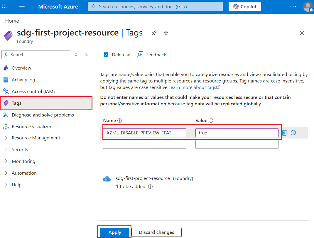 Captura de pantalla del panel Etiquetas del portal de Azure que muestra la etiqueta AZML_DISABLE_PREVIEW_FEATURE establecida en true en un recurso Foundry.