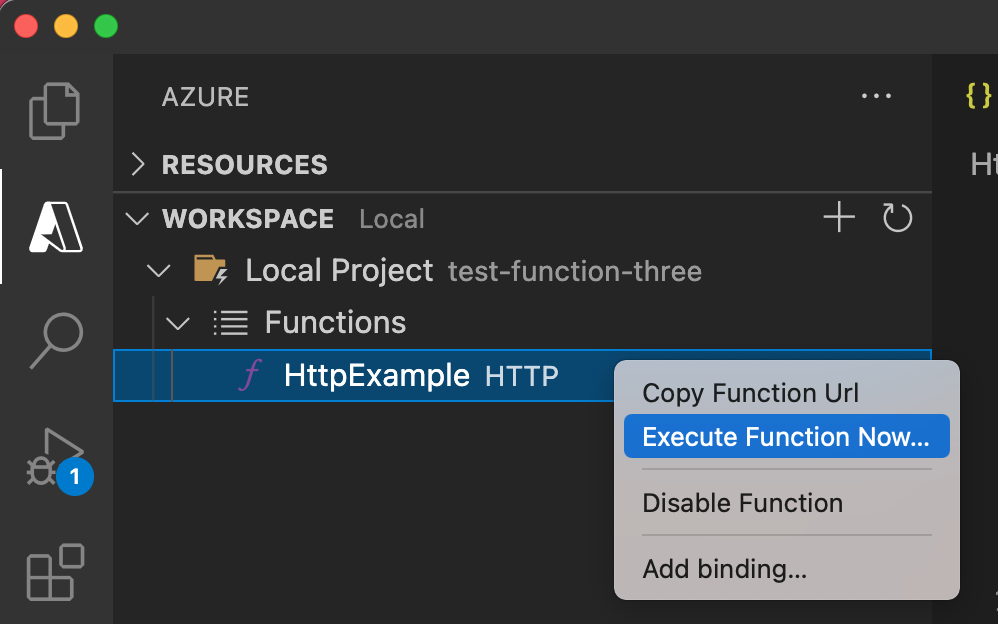 Captura de pantalla de la opción Ejecutar la función ahora de Visual&nbsp;Studio Code.