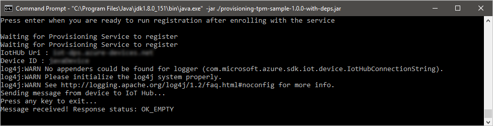 Captura de pantalla de una ventana de comandos que muestra la salida del código de ejemplo de Java.