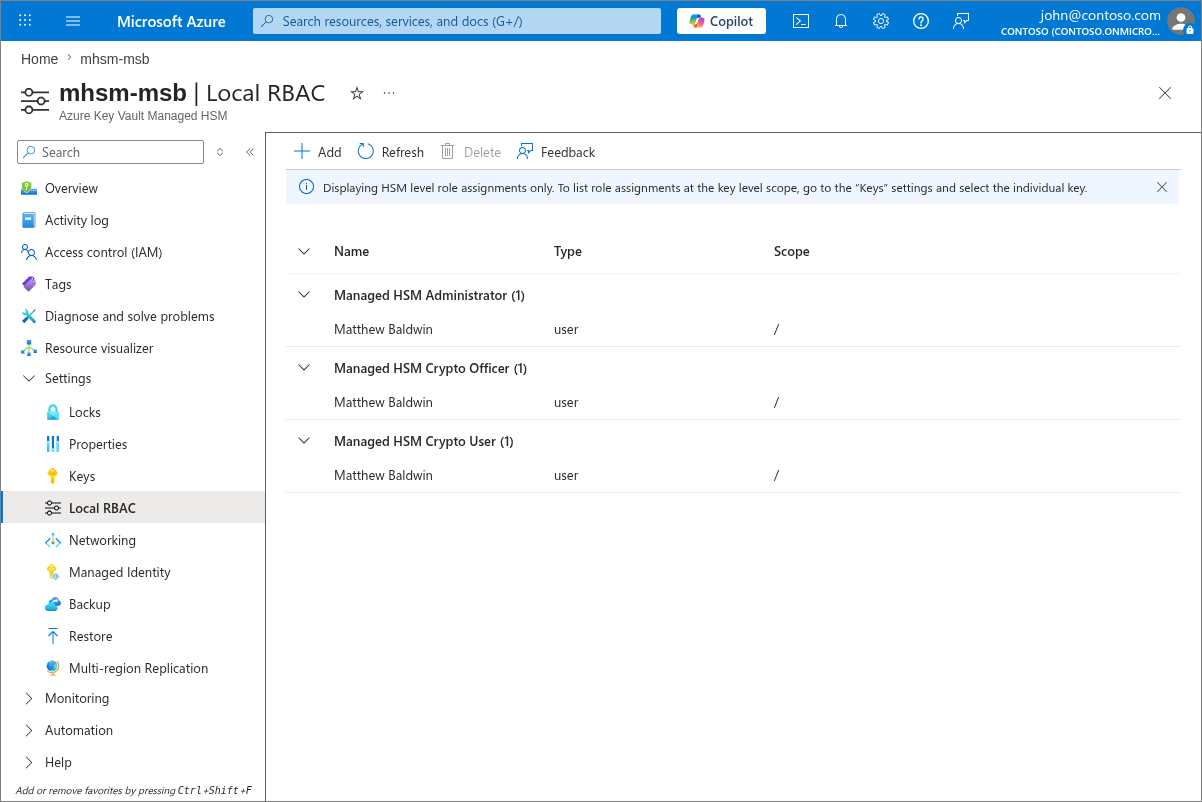 Captura de pantalla del panel RBAC local en el portal de Azure para un HSM gestionado.
