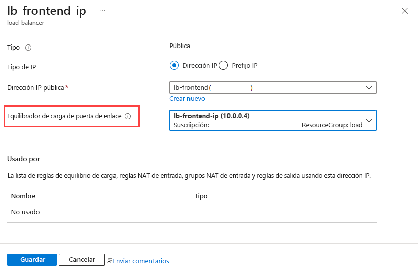 Recorte de pantalla de la adición de un equilibrador de carga del gateway a la IP frontal.