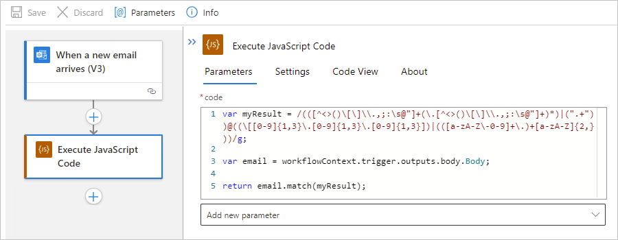 Captura de pantalla que muestra el flujo de trabajo de la aplicación lógica estándar y la acción Ejecutar código JavaScript con una instrucción return.