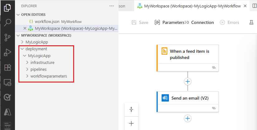 Captura de pantalla que muestra Visual Studio Code, icono del Explorador seleccionado en el menú izquierdo, proyecto de aplicación lógica y carpeta de scripts de implementación resaltada con contenido.