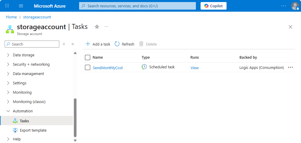Captura de pantalla que muestra la lista de tareas de automatización con la nueva tarea.