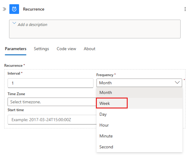 Captura de pantalla que muestra el desencadenador de recurrencia con el panel de información abierto y la lista de frecuencia desplegada para mostrar las opciones disponibles.
