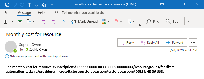 Captura de pantalla que muestra una notificación por correo electrónico enviada por tarea.