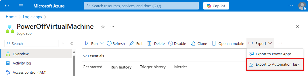 Captura de pantalla que muestra la barra de herramientas Vista general con el menú Exportar abierto y Exportar a tarea de automatización resaltada.