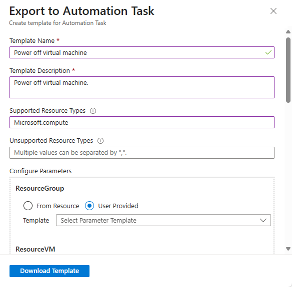 Captura de pantalla que muestra el panel Exportar a Tarea de Automatización con propiedades de ejemplo para una plantilla de tarea de automatización.