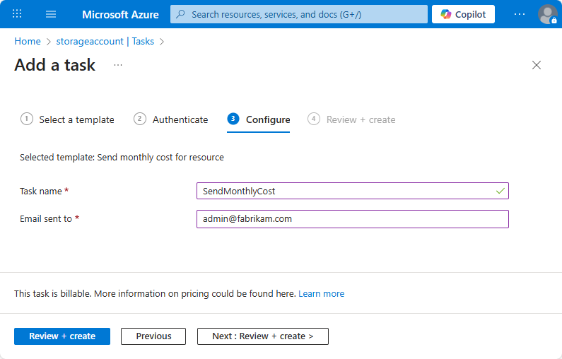 Captura de pantalla que muestra la información necesaria para configurar la tarea.