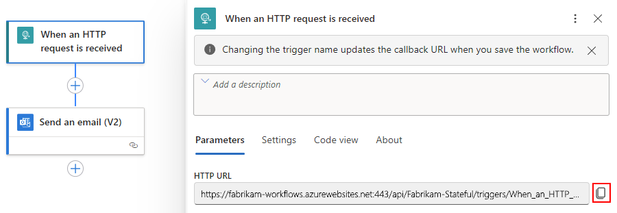 Recorte de pantalla que muestra el diseñador de flujos de trabajo con el desencadenador de solicitud y la dirección URL del punto de conexión en la propiedad denominada DIRECCIÓN URL HTTP.