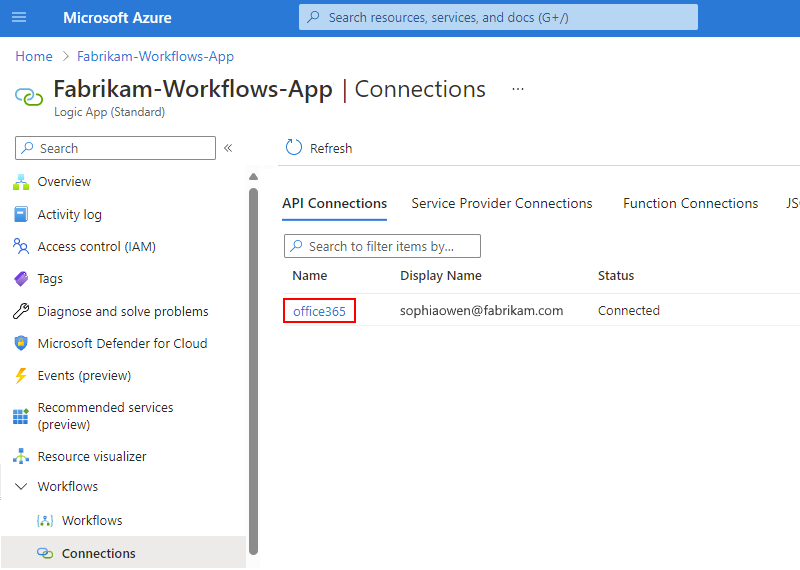 Recorte de pantalla que muestra el menú de la aplicación lógica con el elemento seleccionado Denominado Connections y el recurso de conexión seleccionado denominado office365.