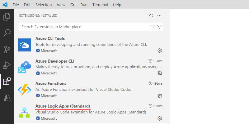 Captura de pantalla que muestra Visual Studio Code con la extensión Azure Logic Apps (Estándar) instalada.