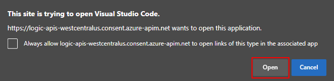 Captura de pantalla que muestra el mensaje para abrir el vínculo para Visual Studio Code.